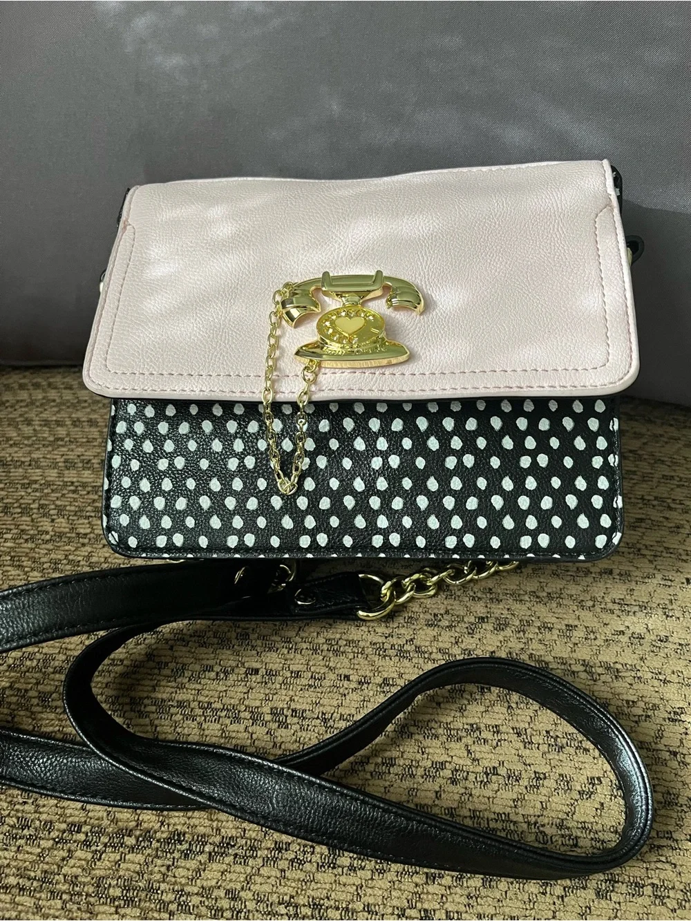 Betsey Johnson Pink, Black and White Polka Dot Crossbody Bag with Gold Hardware